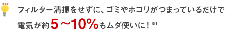 フィルター清掃をせずに、ゴミやホコリがつまっているだけで、電気が約5-10％もムダ使いに！